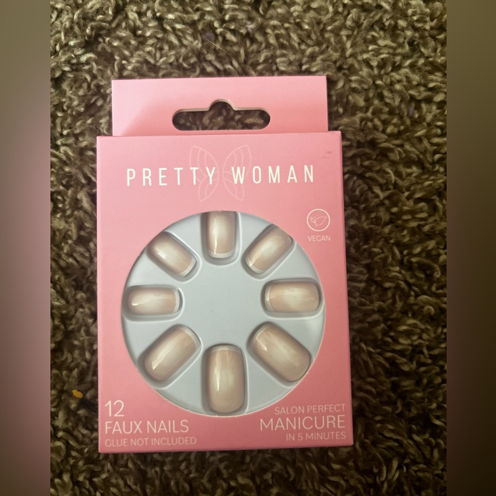 Pretty women French tip press on nails set neutral square medium length nail kit